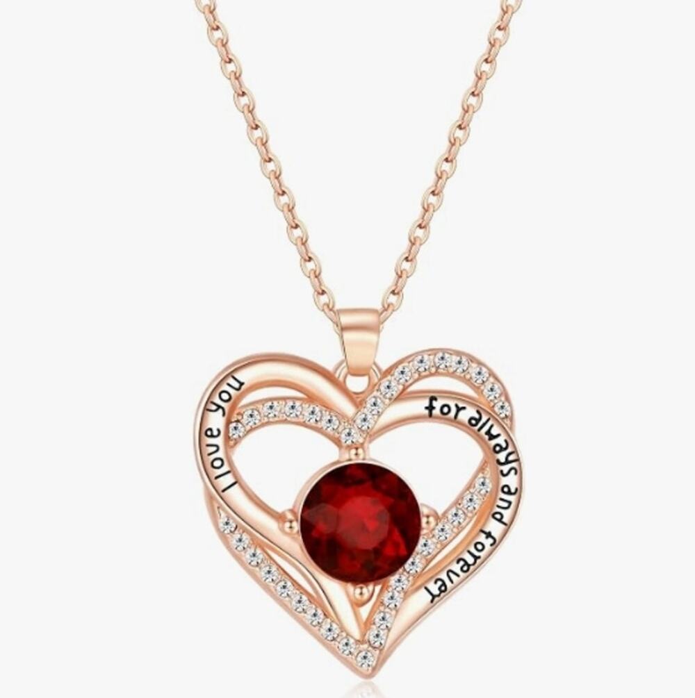 January Birthstone Heart Necklace Garnet Crystal Rose Gold